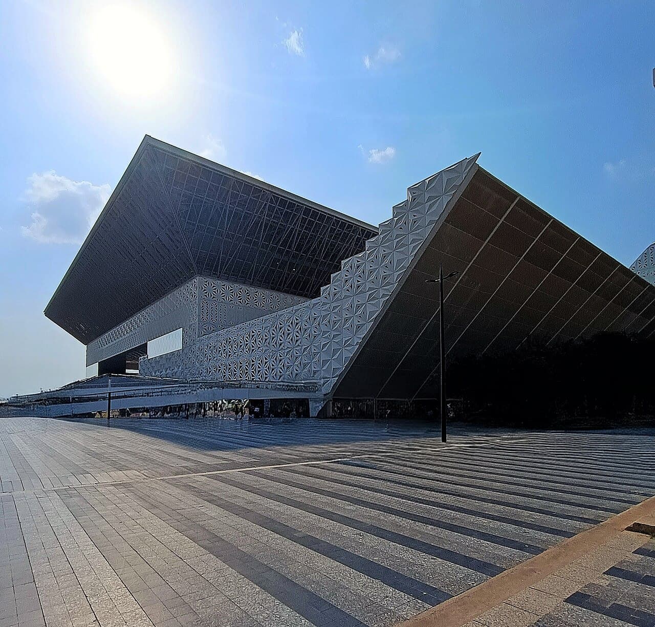 The angular white façade of the Yashobhoomi convention centre in Dwarka, New Delhi